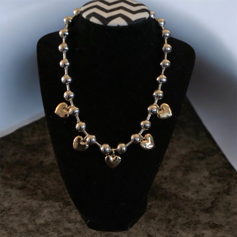 Polished Silver Heart Charm Bead Necklace - Women Jewelry